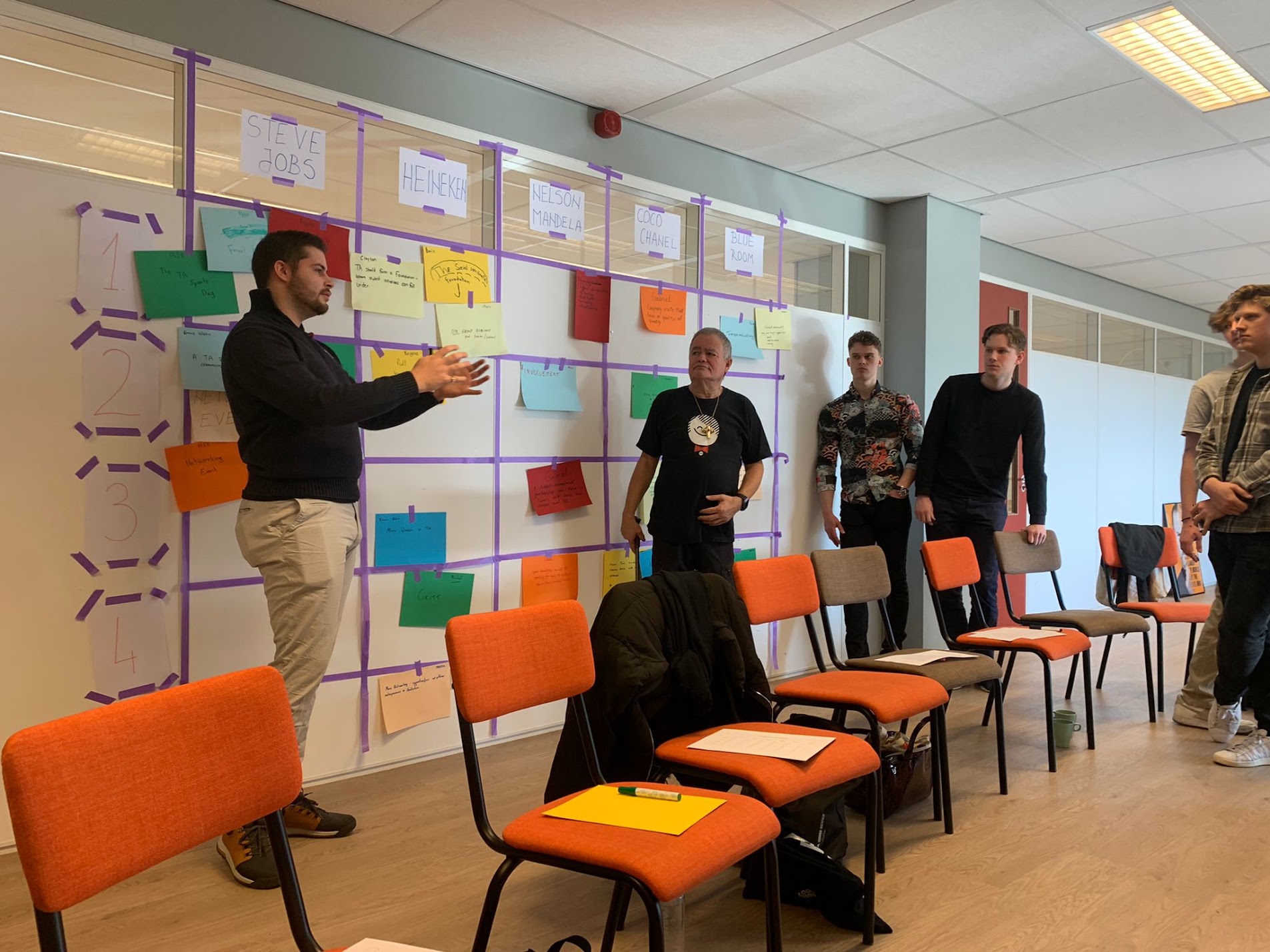 A student pitching to a wall of sticky notes while the team looks on